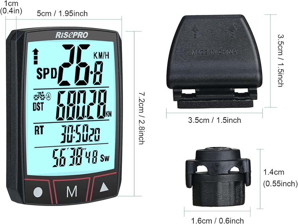 RISEPRO Wireless Bike Computer - Waterproof Touchscreen Speedometer & Odometer | Multi-Function LCD Display