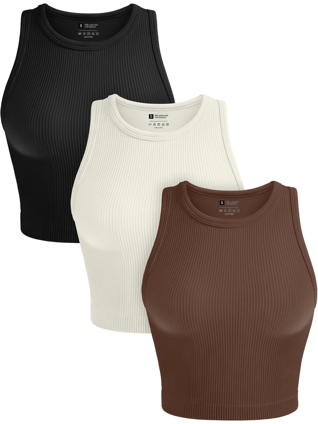 OLCHEE Womens 3 Pack Crop Tank Tops Basic Seamless Ribbed Round High Neck Racerback Workout Top Summer Causal Yoga Gym Shirts - Black Brown Beige X-Small