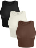 OLCHEE Womens 3 Pack Crop Tank Tops Basic Seamless Ribbed Round High Neck Racerback Workout Top Summer Causal Yoga Gym Shirts - Black Brown Beige X-Small