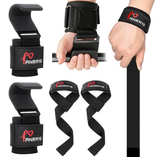 Weight Lifting Hooks & Wrist Straps Set – Lifting Hooks with Anti-Slip Grip, Adjustable Wrist Wraps for Weightlifting, Deadlifts, Powerlifting, Gym Straps for Men and Women, Black-Red