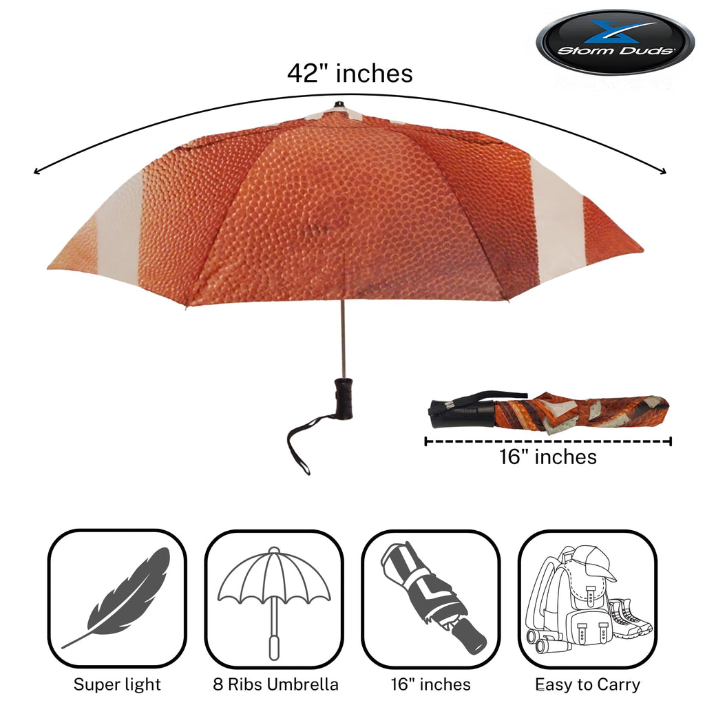 Storm Duds Ultra-Water Resistant Football Umbrella - 42” Coverage w/Molded Handle and Wrist Strap - Flexible, Wind & Rust Resistant Folds to 15.5 Inches