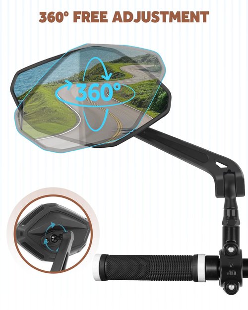 Bike Mirror Handlebar Mount, HD Wide Rear View Bicycle Mirrors for Handlebars with Scratch Resistant Glass, 360°Adjustable Bike Rear View Mirror for Scooter, Motorcycle, Bikes (HD Lens: Left)