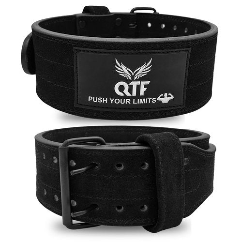 QTF Weight Lifting Belt Gym Exercise Workout, 4 inch Sued-Leather-Belt Padded Lumbar Back Support Men Women, 9 double Adjustable Holes, Powerlifting Bodybuilding Deadlift, Squat Fitness Strength Training Belt (Black, Large)
