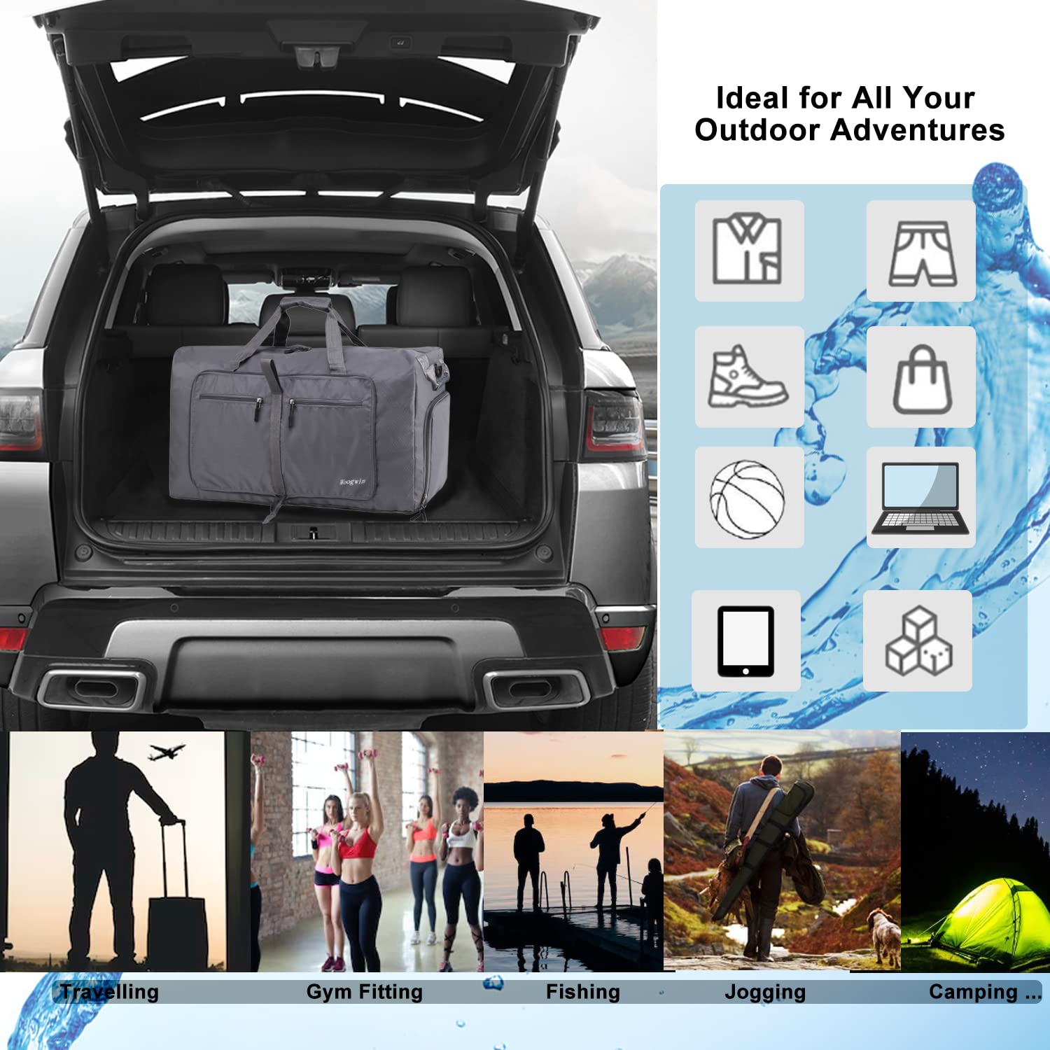 Woogwin Travel Duffel Bag Large Foldable Waterproof Overnight Bag for Beach Swim Bags Pool Sports Gym (100L Grey)