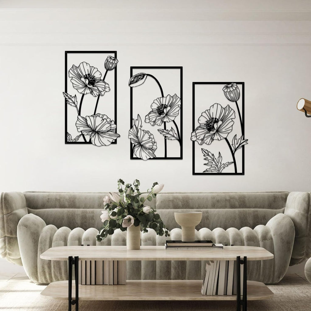 Resama Black Metal Flowers Wall Decor - Minimalist Abstract Floral Art for Bedroom, Bathroom, Kitchen