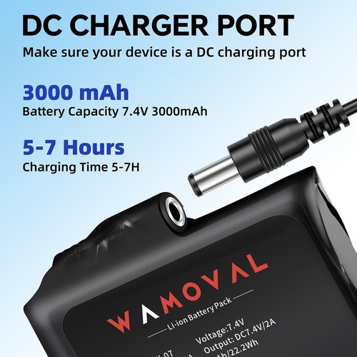 WAMOVAL (2-Pack) 7.4V 3000mAh Li-Polymer Rechargeable Battery Pack, 22.2Wh 2A Replacement Batteries with 3.5mm DC Jack Charging Cable for Heated Gloves, Heated Scoks Battery