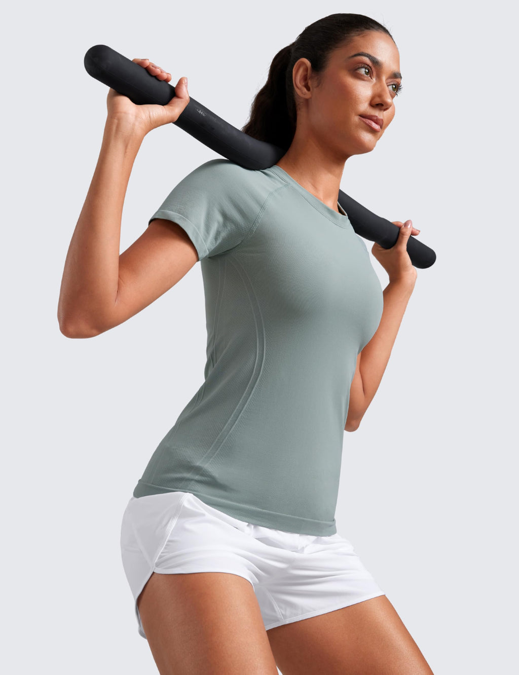 CRZ YOGA Seamless Workout Tops for Women Hip Length - Athletic Running Gym Yoga Short Sleeve Shirts Breathable Crewneck Tees Green Palm Court Small