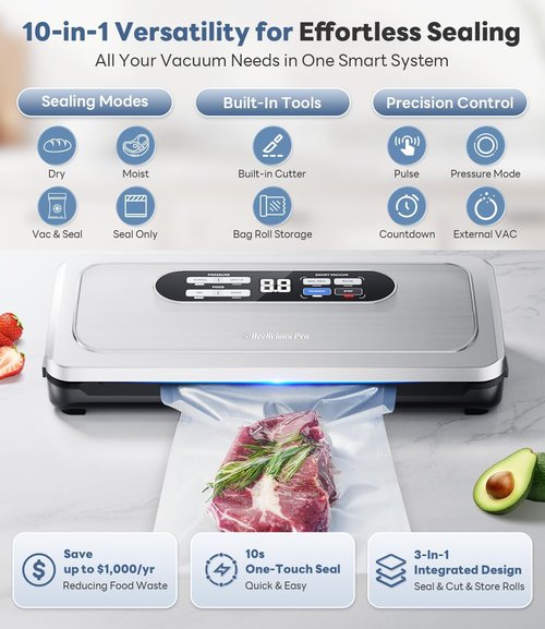 AirLock Vacuum Sealer Machine - 10-in-1 Food Preservation System with Digital Timer & Built-in Cutter | Compact Silvery-White Design
