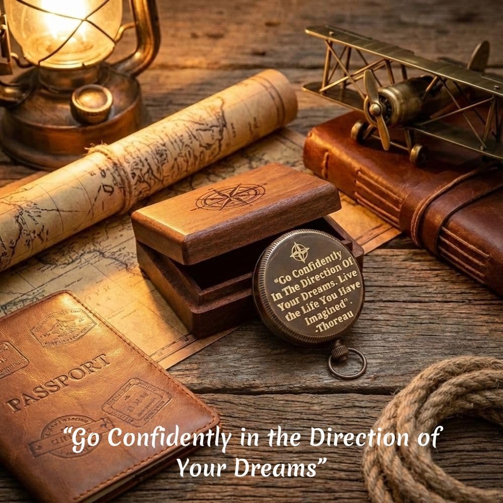 Solid Brass Engraved Compass | Go Confidently in Direction of Dreams Inspirational Thoreau Quote | Graduation & Baptism Gift | Vintage Antique Finish | Includes Wooden Case | Nautical Collectible