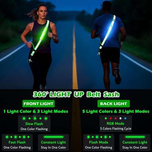 Samlior LED Reflective Belt Sash, Rechargeable LED Light Night Safety Walking Gear, High Visibility Adjustable Reflective Gear for Runners Walkers Cyclists at Night (Green)