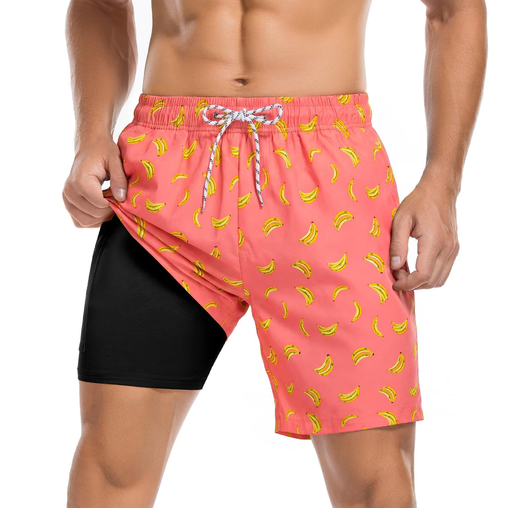 American Trends Men's Swim Trunks 7 Inch with Compression Liner Quick Dry Swim Shorts for Men Beach Board Shorts Bathing Suit with Pockets Medium Pink Orange Banana
