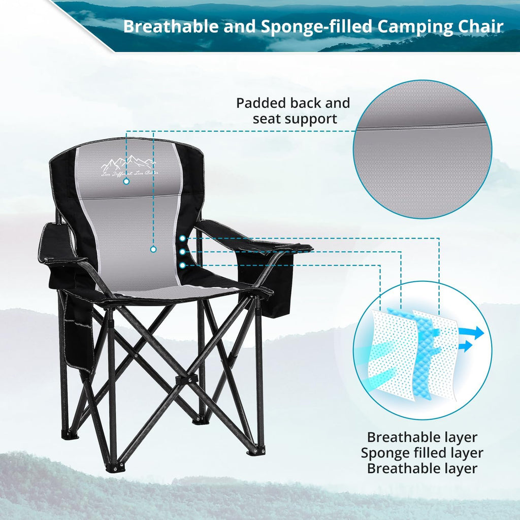 Skiennix Folding Camping Chair - Heavy Duty Portable Lawn Chair with Cooler Bag & Cup Holder | Supports 450lbs, Black