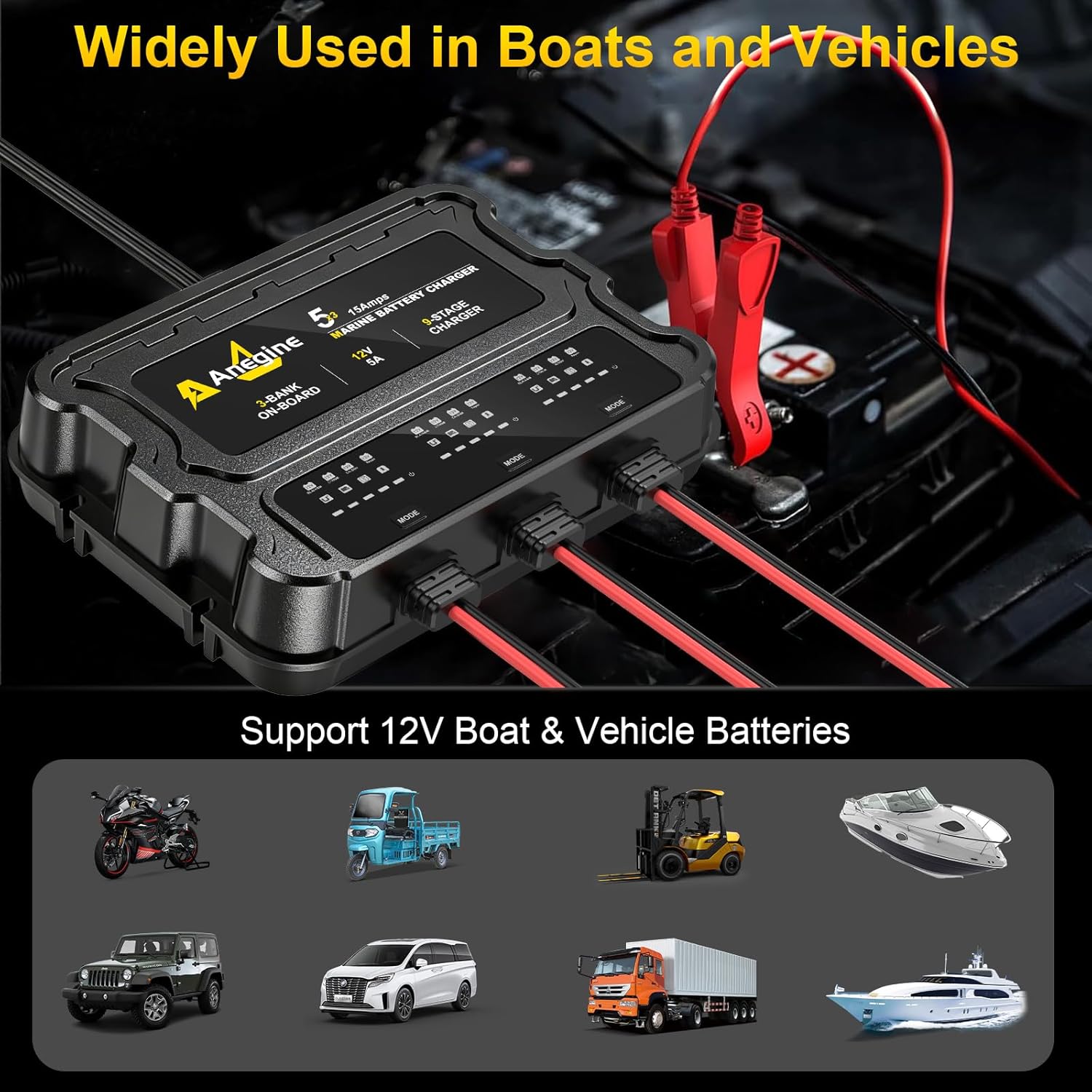 3 Bank Marine Battery Charger - 12V (5A/Bank) Waterproof LCD Onboard Charger with Overcharge Protection & Temperature Compensation for Lead-Acid, AGM, EFB, LiFePO4, Lithium | Ideal for Boat, Car, RV