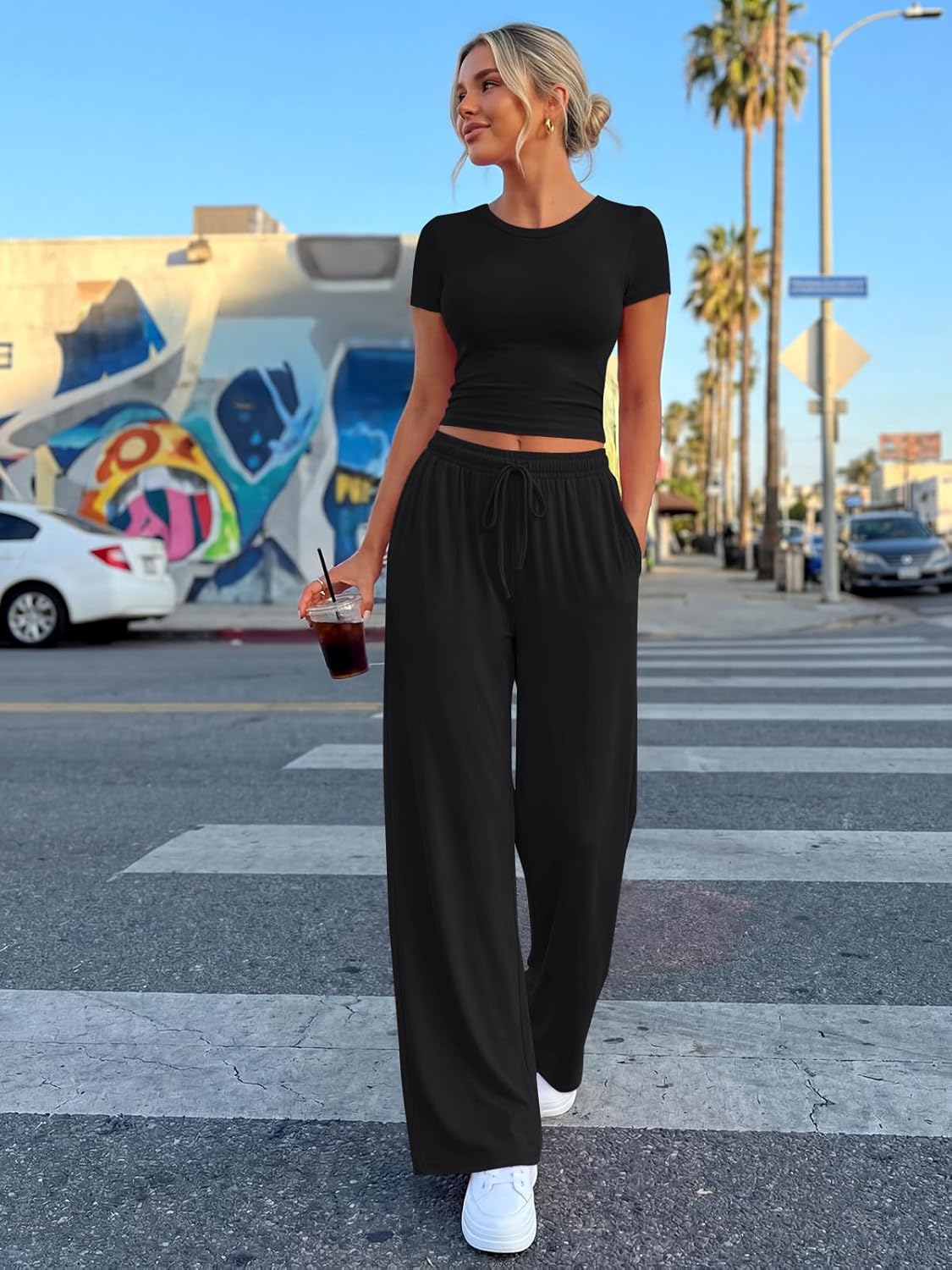 Trendy Queen 2 Piece Summer Sweatsuit - Women's Crop Top & Wide Leg Pants Set