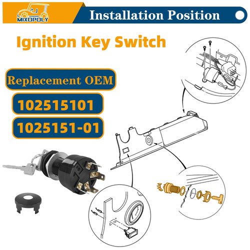 Mixopoly Ignition Key Switch for Club Car Precedent and Onward Gas Golf Cart 2004-Up, 4-Terminal, On/Off Style, Black, Rotary, Manual Operation