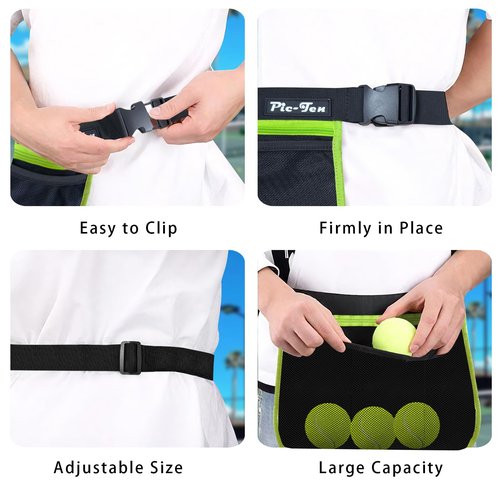 Pic-Ten Adjustable Pickleball & Tennis Ball Holder Waist Pouch - Mesh Hip Bag Carrier for Men, Women, Teens - Holds 10-12 Tennis or Pickleball for Cycling, Golf
