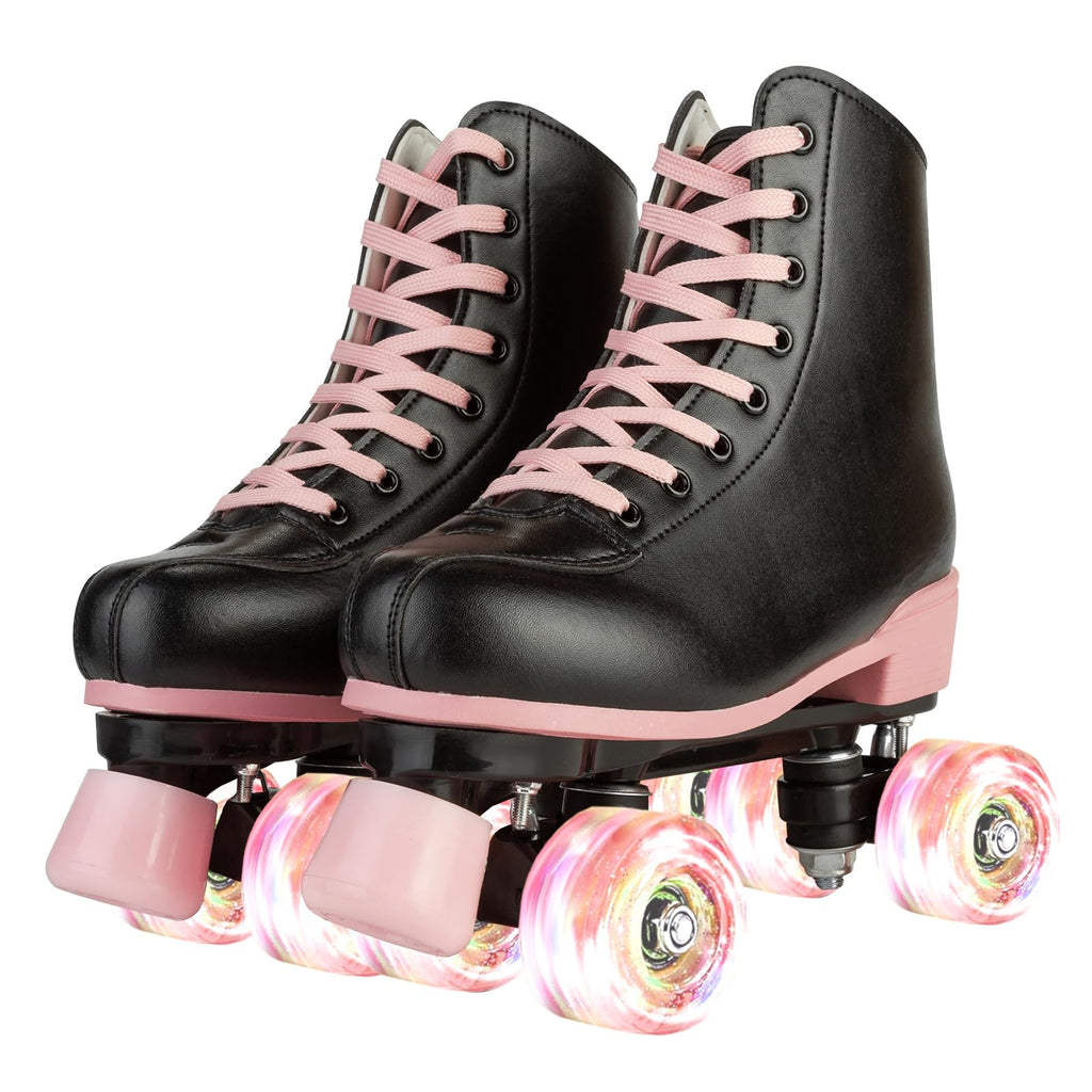 XUDREZ Roller Skates for Girls, Black PU Leather with Pink Light Up Wheels, Indoor Outdoor, Size 37-US Women 6, Youth 5
