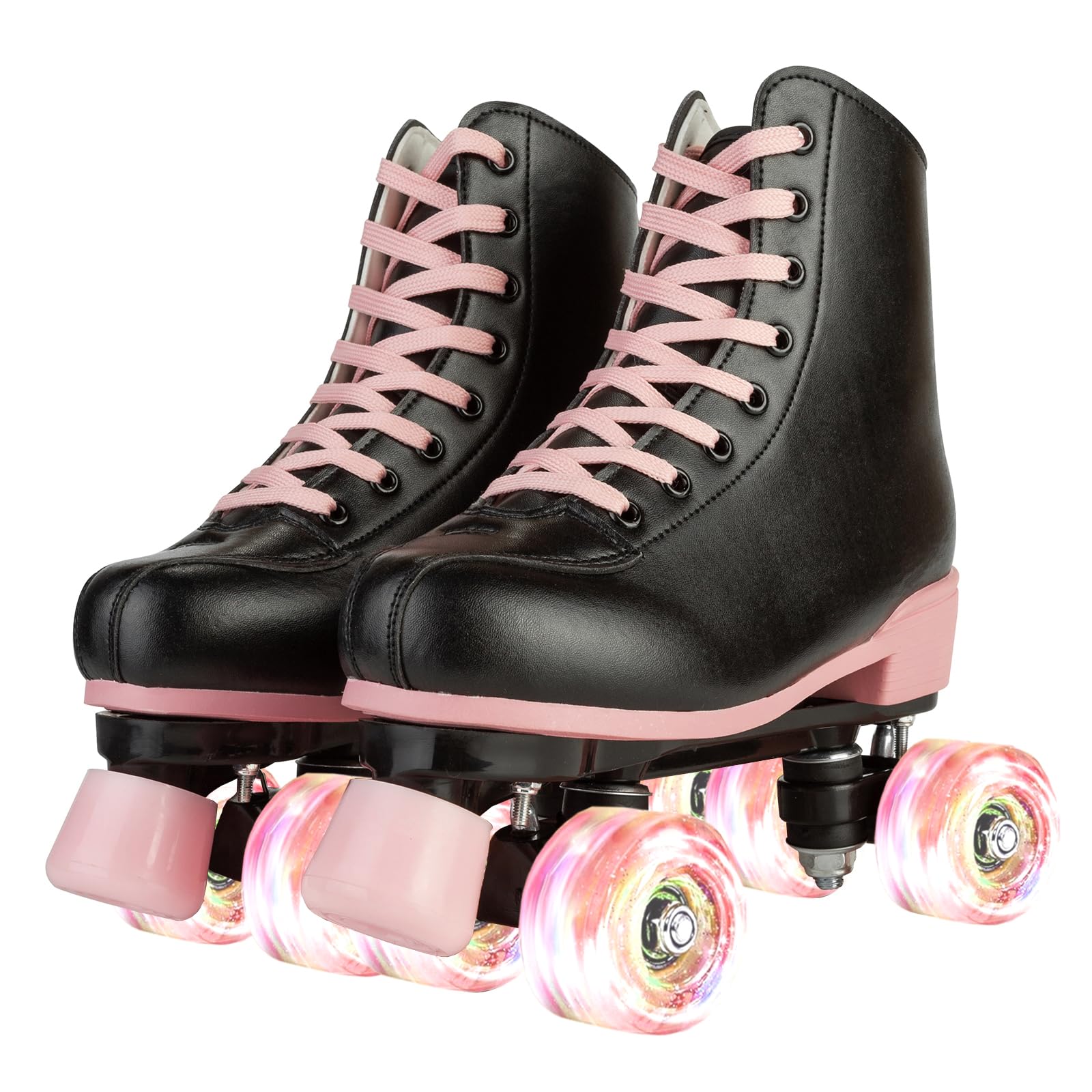 XUDREZ Roller Skates for Girls, Black PU Leather with Pink Light Up Wheels, Indoor Outdoor, Size 37-US Women 6, Youth 5