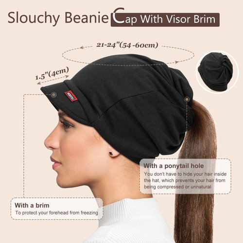 FADACHY Soft Hat for Women - Double-Layer Slouchy Beanie Cap Fashion Visor Hats, Autumn Spring Skull Cap with Brim/Ponytail Hole, Running Hat Black