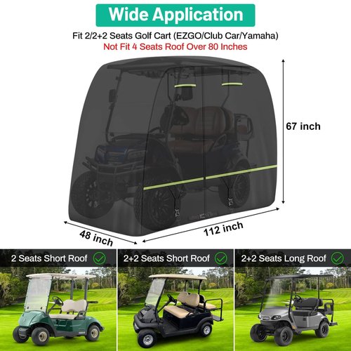 Golf Cart Cover Fits EZGO, Club Car, Yamaha Most 4 Passenger/ 2 Passenger Golf Cart, Upgrade Reflective Strips/ Two Windproof Straps/ Three Sides Zipper Opening/ Four Air Vents, All Weather Protection
