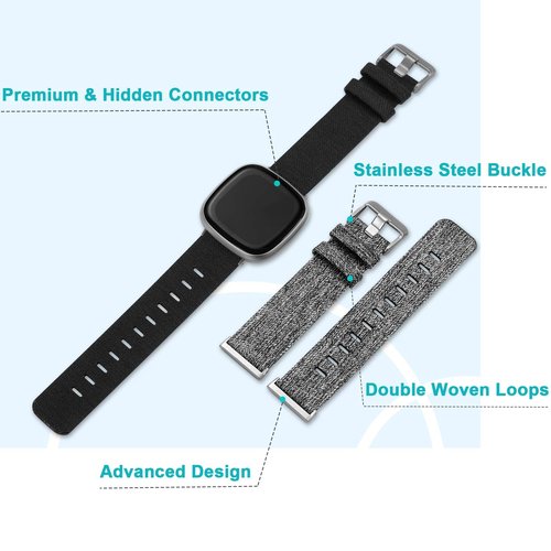Maledan Compatible with Fitbit Versa 3 and Fitbit Sense 2 and Fitbit Versa 4 and Fitbit Sense Bands Men Women, Woven Fabric Replacement Band for Sense/Versa 3 Smartwatch, Small Black Charcoal Gray