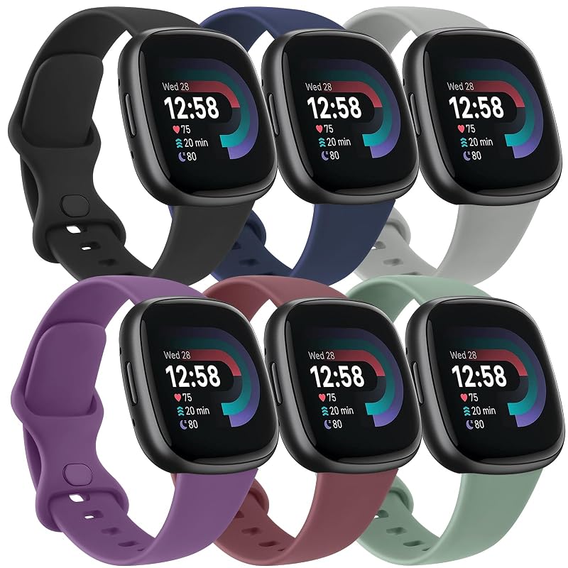 6 Pack Fitbit Versa 4/3 Sense 2 Smartwatch Bands — Soft Elastomer Replacement Straps, 6 Colors (Small & Large) - Tobfit