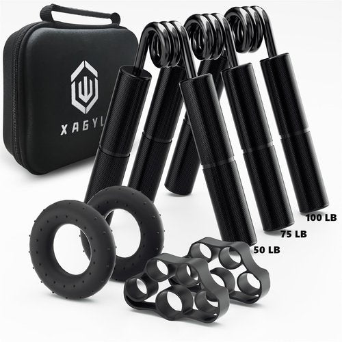 Professional Hand Grip Strengthener Trainer Kit, 50-100LB Metal Hand Gripper with 2 Finger Stretcher & 2 Grip Ring Wrist Foream Strengthener Exercise Workout Trainer for Pro Beginner (Black)
