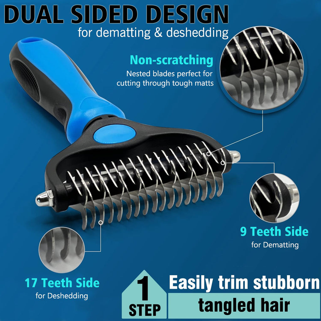 Skiennix Dog Grooming Brush Set - Double-Sided Shedding & Dematting Rake | Self-Cleaning Slicker Comb for All Coat Types