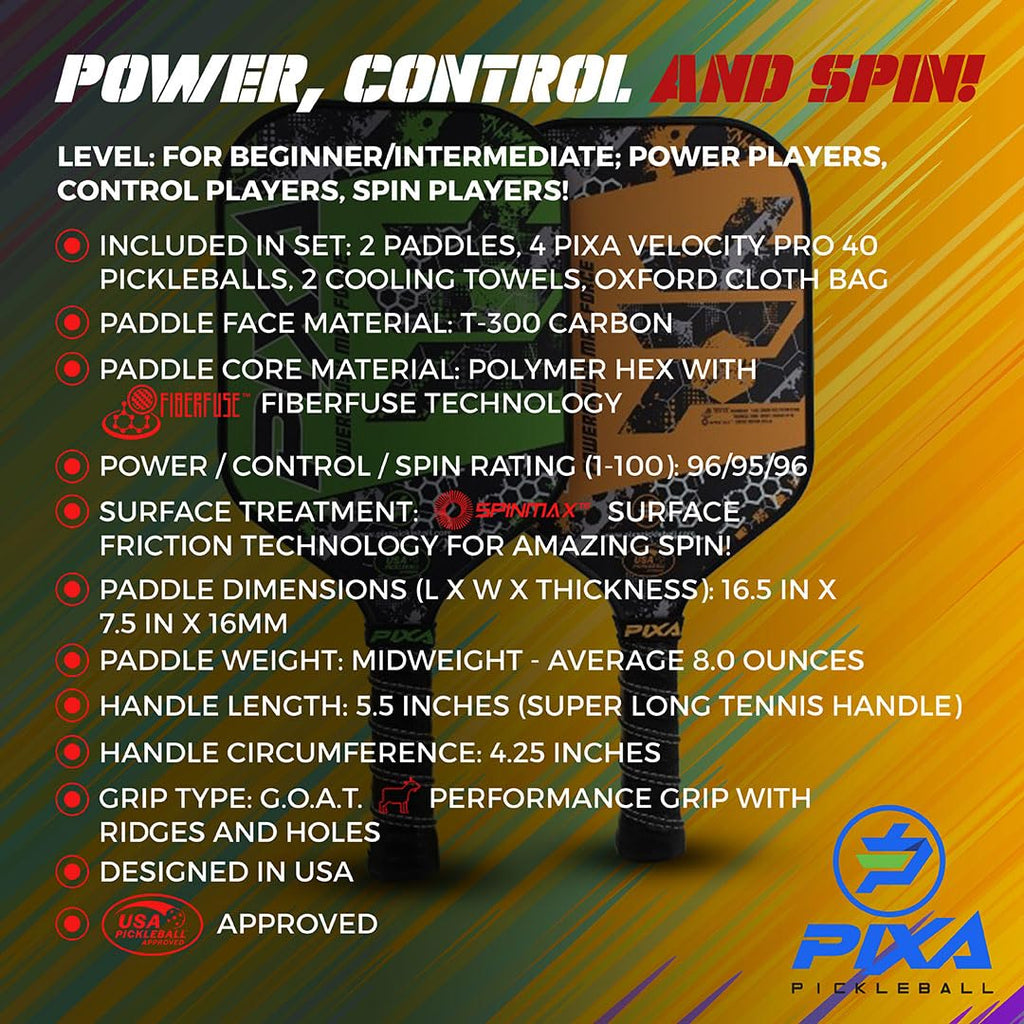 T-300 Carbon Fiber;16mm; Pickleball Paddle Set of 2; w/ 4 Balls, 2 Cooling Towels, Bag; Beginner Racquet/Intermediate Racket; PIXA Powercrush Max Force