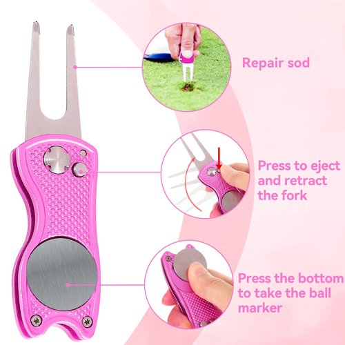 Aulock Golf Towel and Brush Set, Microfiber Towels for Golf Bags, Women Cleaning Kit with Ball Marker Golf Divot Tool Brush, Pink