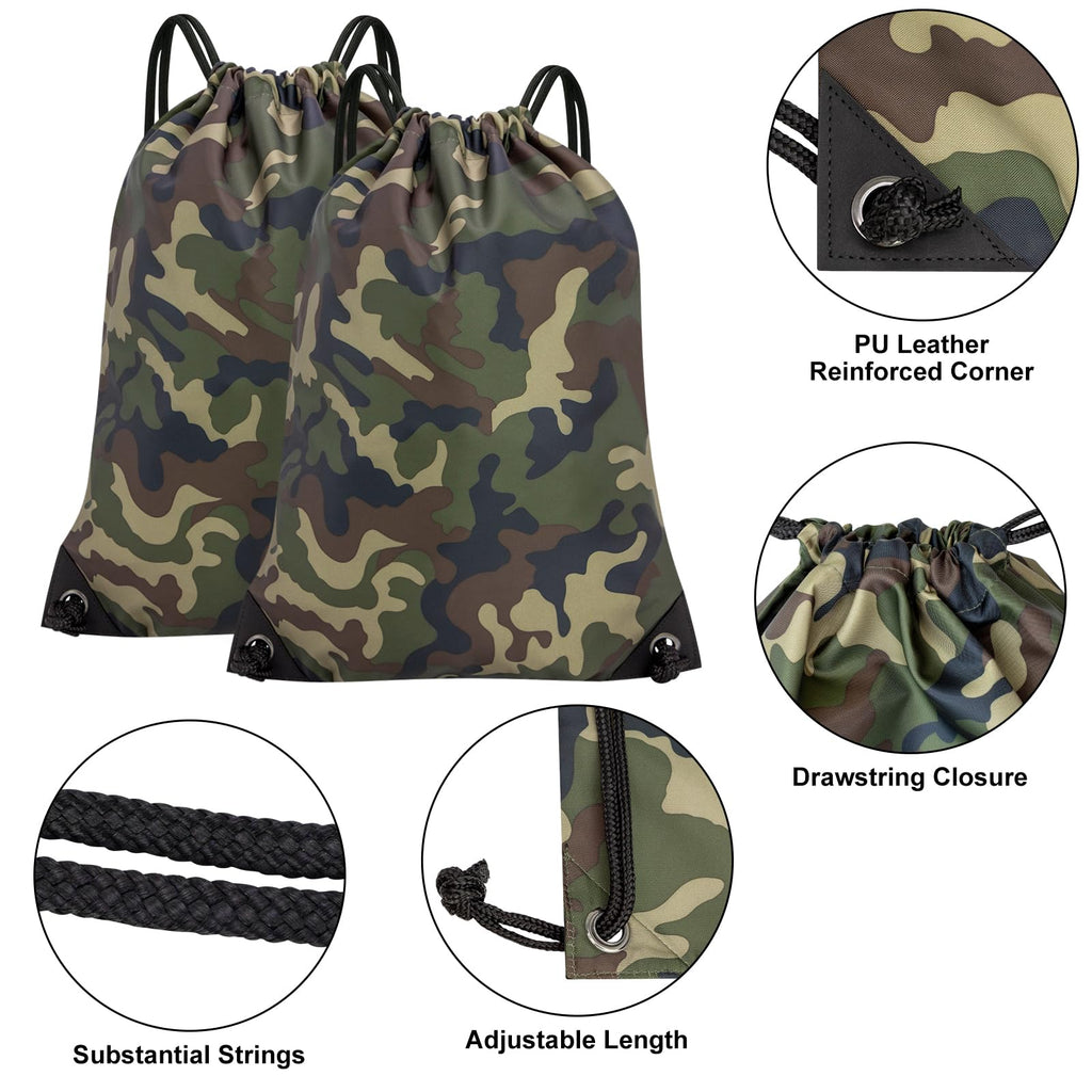 CALACH 2PCS Drawstring Bags Bulk, String Backpack for Men Women, Cinch Bag Draw String Back Bag for Gym, Sports, Travel, Swimming, Beach, Green Camo
