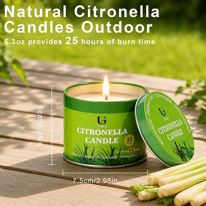 Citronella Candles Outdoor 5.3 oz Tin - 2 Pack, Up to 26 Hours Each, 100% Soy