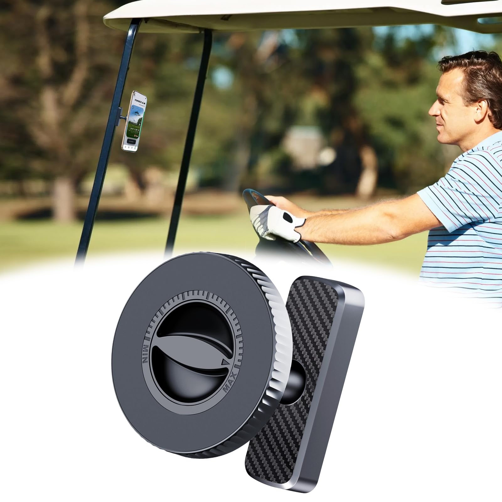 Strong Magnetic Golf Cart Phone Holder – Adjustable N52 Magnets, 360° Rotation, Stable 0.67IN Ball Head, Portable with Storage Pouch, Fits EZGO/Club Car/Yamaha Square Iron Struts