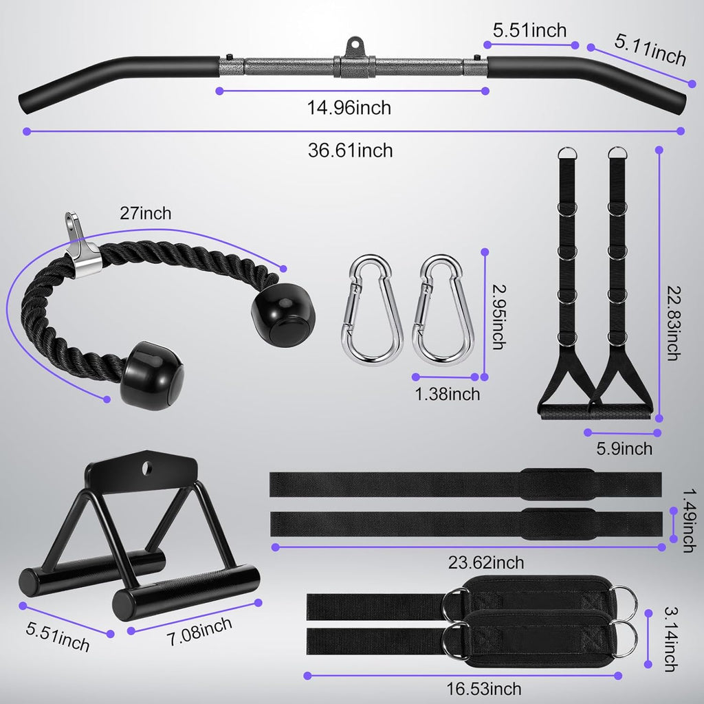 Skiennix Cable Machine Attachments Set - LAT Pulldown Bar & Tricep Rope | Home Gym Essentials
