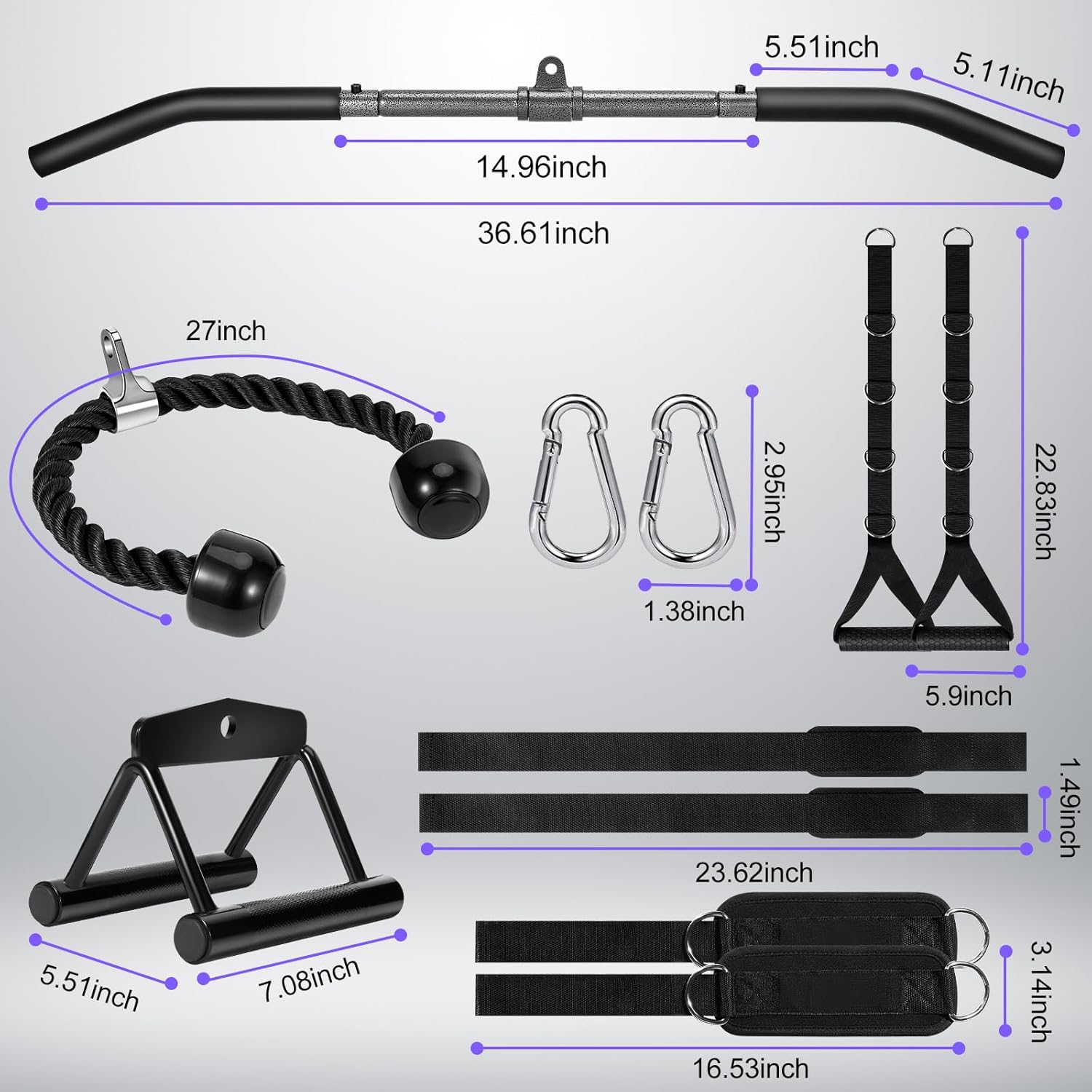Skiennix Cable Machine Attachments Set - LAT Pulldown Bar & Tricep Rope | Home Gym Essentials