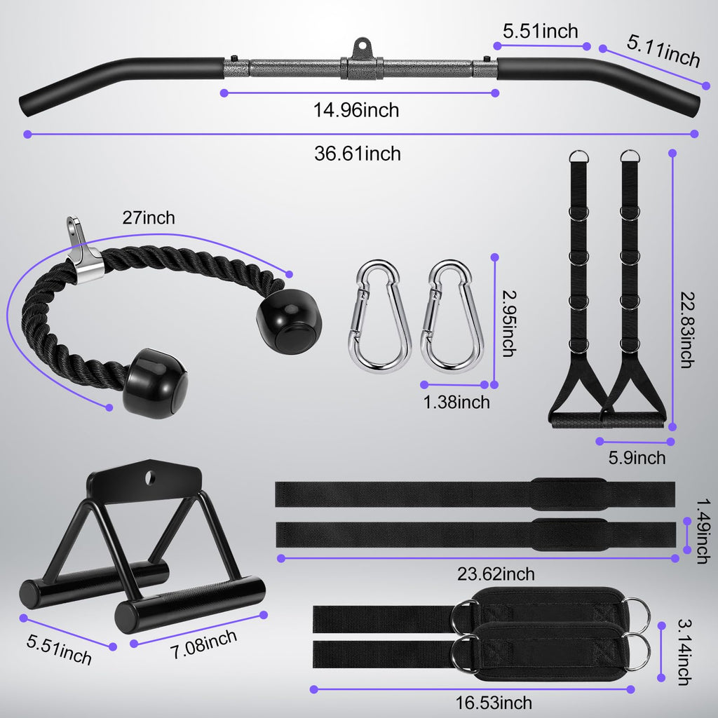 Turakun Cable Machine Attachments Set: 2 Pack LAT Pulldown Attachments Bar for Home Gym Accessories Tricep Rope Double D Handles