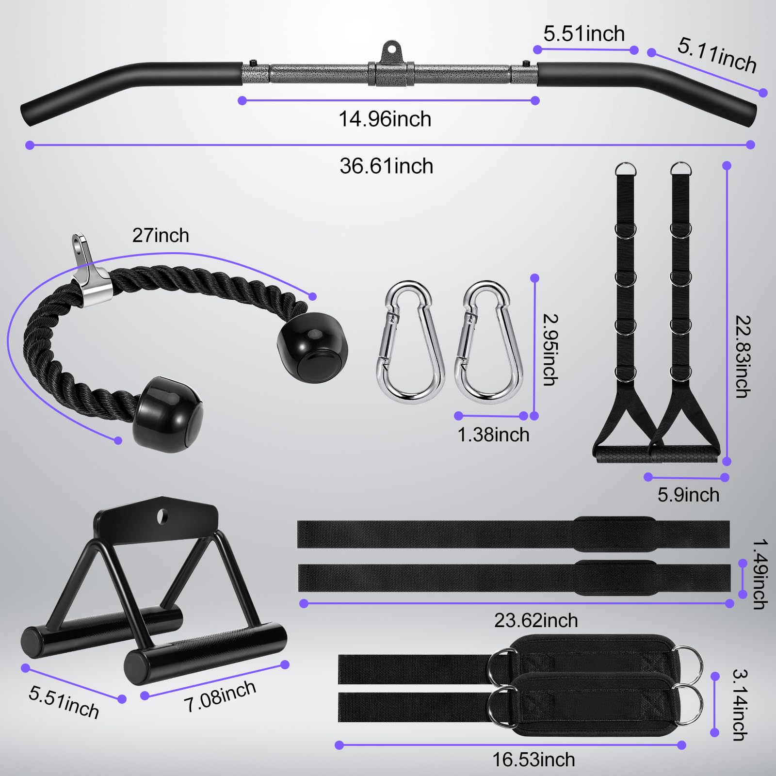 Turakun Cable Machine Attachments Set: 2 Pack LAT Pulldown Attachments Bar for Home Gym Accessories Tricep Rope Double D Handles