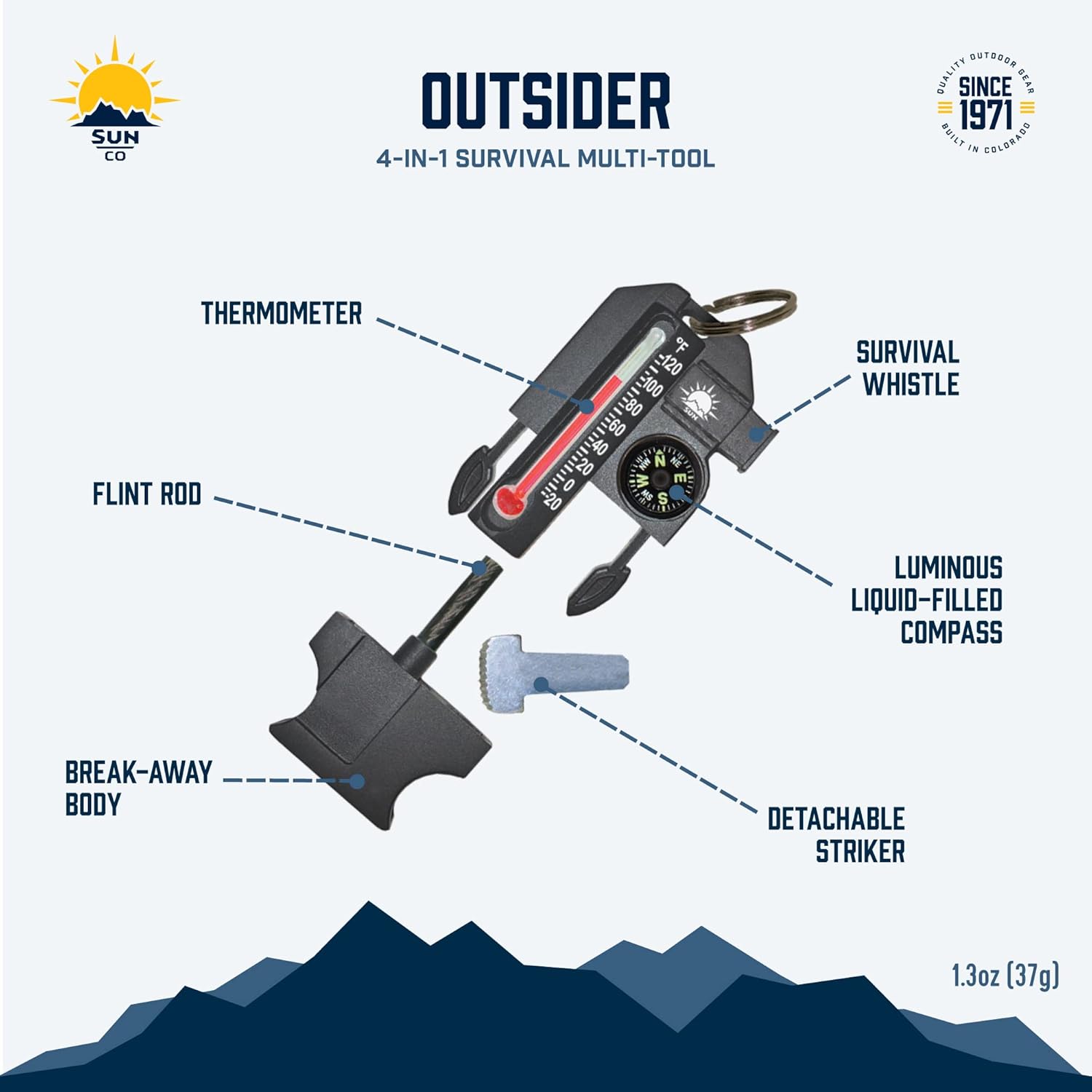 Sun Company Outsider - 4-in-1 Survival Multi-Tool | Compact Outdoor Gadget with Compass, Thermometer, Whistle & Fire Starter
