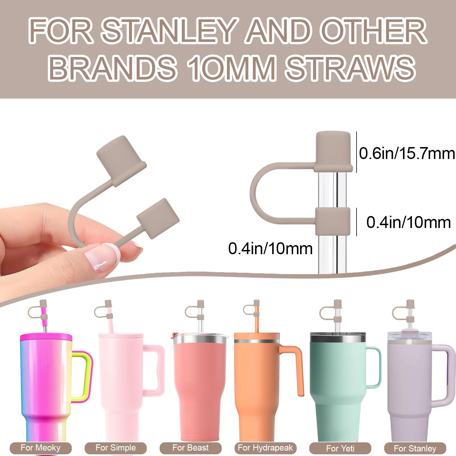 GGDECA 7Pcs Straw Cover Cap for Stanley Cup,Simple 10mm(0.4inch) Silicone Straw Toppers for Stanley 40&30oz Tumbler Accessories-Brown