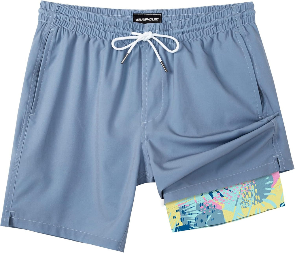 Surf Cuz Men's Swim Trunks - Quick Dry Compression Liner with Zipper Pockets | Haze Blue, Medium