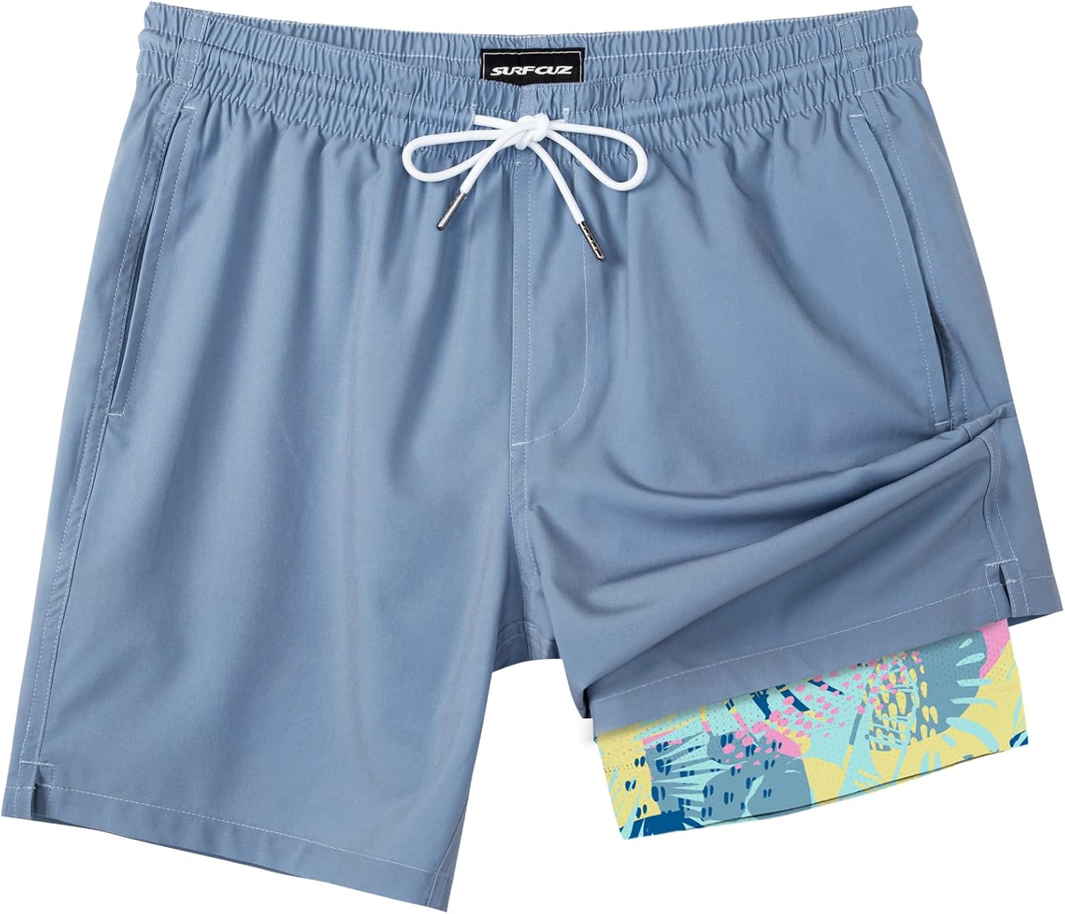 Surf Cuz Men's Swim Trunks - Quick Dry Compression Liner with Zipper Pockets | Haze Blue, Medium