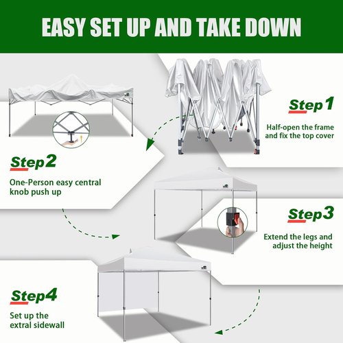 Eurmax USA Pop-Up Canopy Tent - 10x10ft Portable Shelter with Removable Sidewall & 4 Sand Bags | White