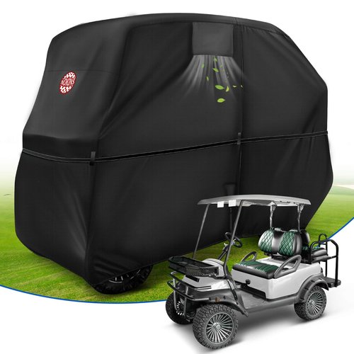 NOKINS Golf Cart Cover, 420D Waterproof Oxford Fabric Cover Fit for EZGO, Club Car Most Standard Golf Cart 2+2 Seater, Heavy-Duty Windproof Sunproof with Double Zipper Doors&Anti-Slip Straps, Black