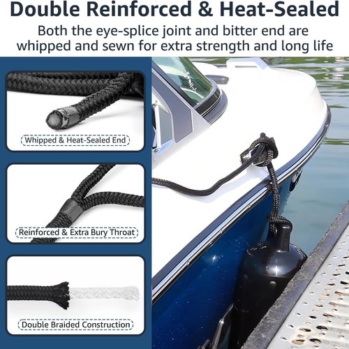 Marine Grade Nylon Boat Fender Lines by [Brand Name] - 4 Pack 1/2" x 6' with 10" Loop for Easy Docking - Fray Resistant & Double Braided - Black