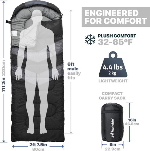 MalloMe Sleeping Bags - Cold Weather Backpacking & Camping Gear for Kids 10-12 | Lightweight & Compact
