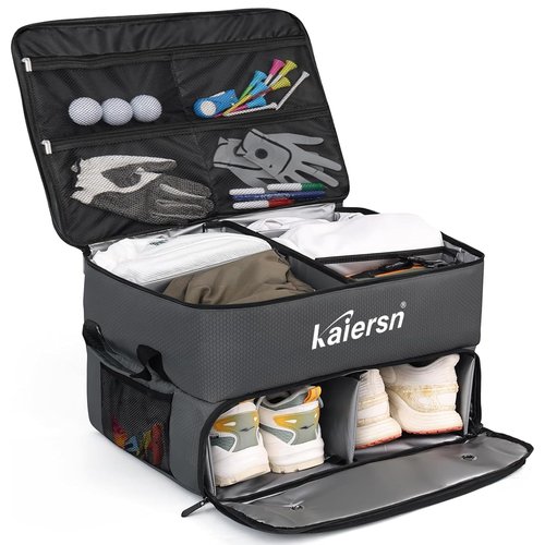Thionyee 2-Layer Golf Car Trunk Organizer with Separate Ventilated Shoe Compartment, Waterproof Design for Golf Balls, Tees, Clothes, Gloves, Accessories, Ideal Golf Gift (Dark Grey)