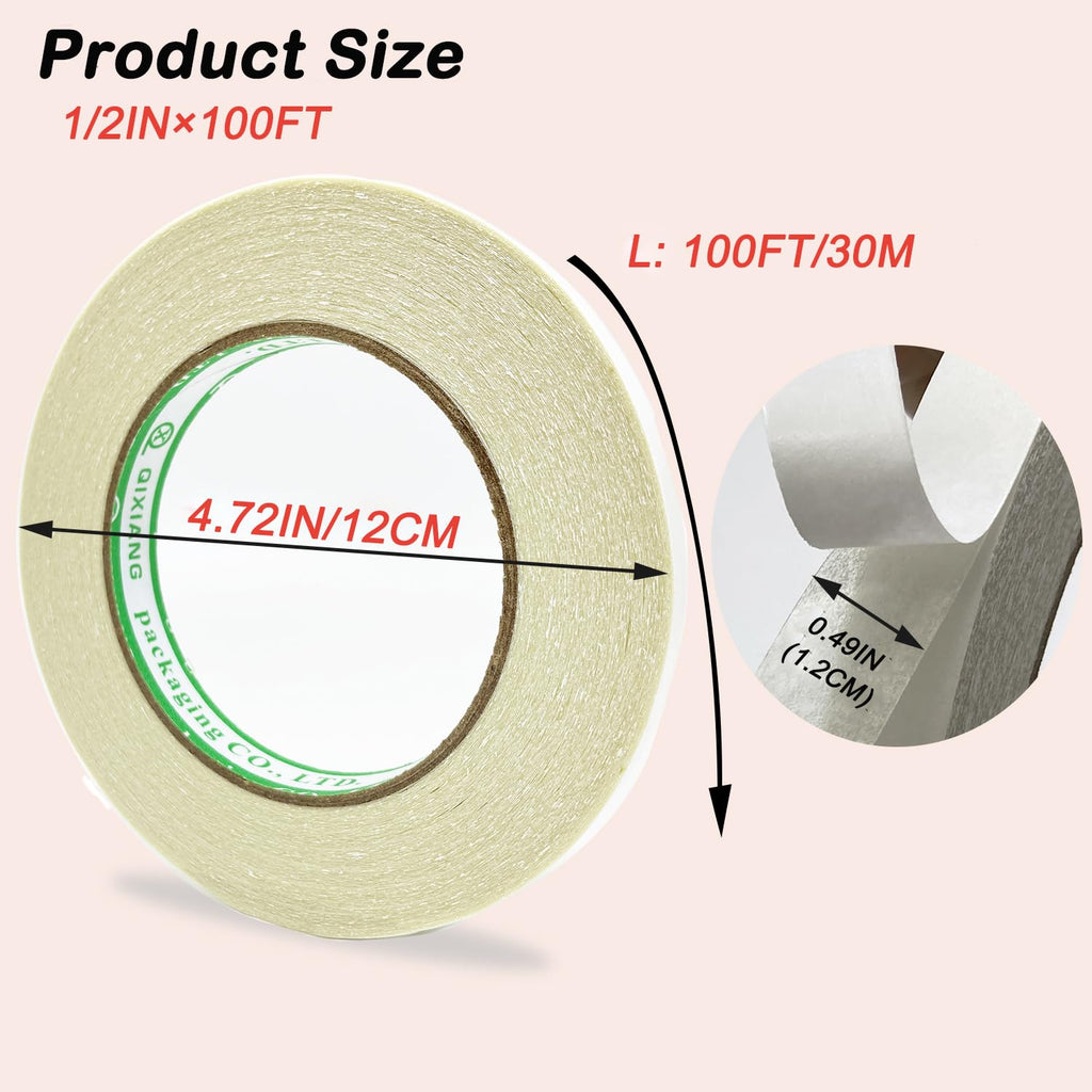 Skiennix Double-Sided Fabric Tape - 1/2 Inch x 100 Ft Clear Self-Adhesive Hemming Tape for Curtains, Clothing & Crafts