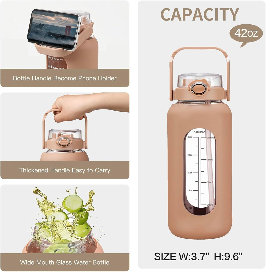 Skiennix Half Gallon Glass Water Bottle - 42oz/52oz/64oz with Straw, Time Marker & Silicone Sleeve for Gym