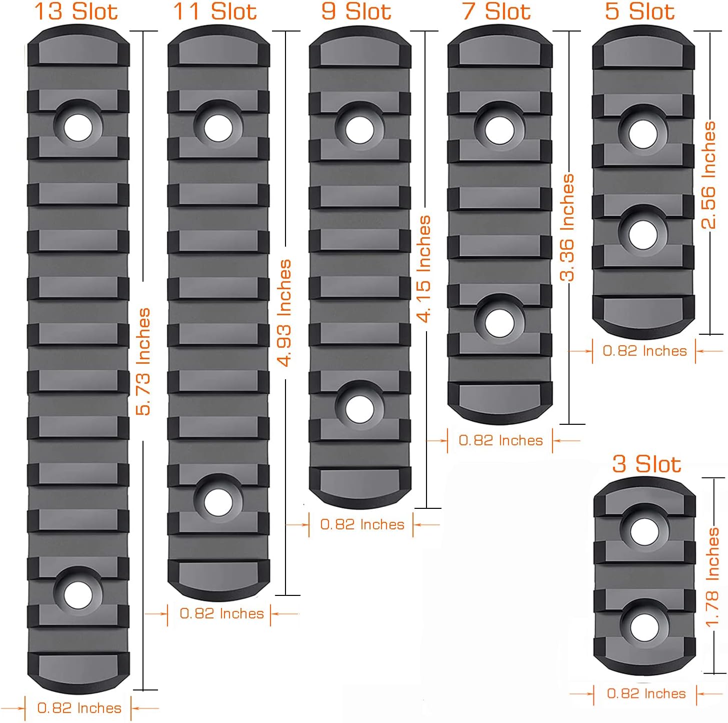 Picatinny Rail - 3, 5, 7, 9, 11, 13-Slot Mlok Polymer Section with Offset Mount, T-Nuts & Allen Wrench
