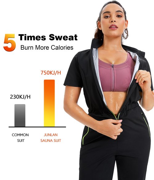Junlan Sauna Suit for Women Sweat Jumpsuit Stand Collar Heat Trapping Shirt for Women Workout Sports(Black,3X-Large)
